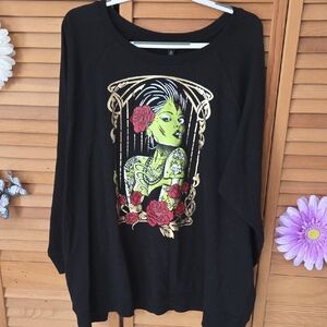 Torrid 2020 Black Sweatshirt with Green Zombie Woman Graphic and Red Roses